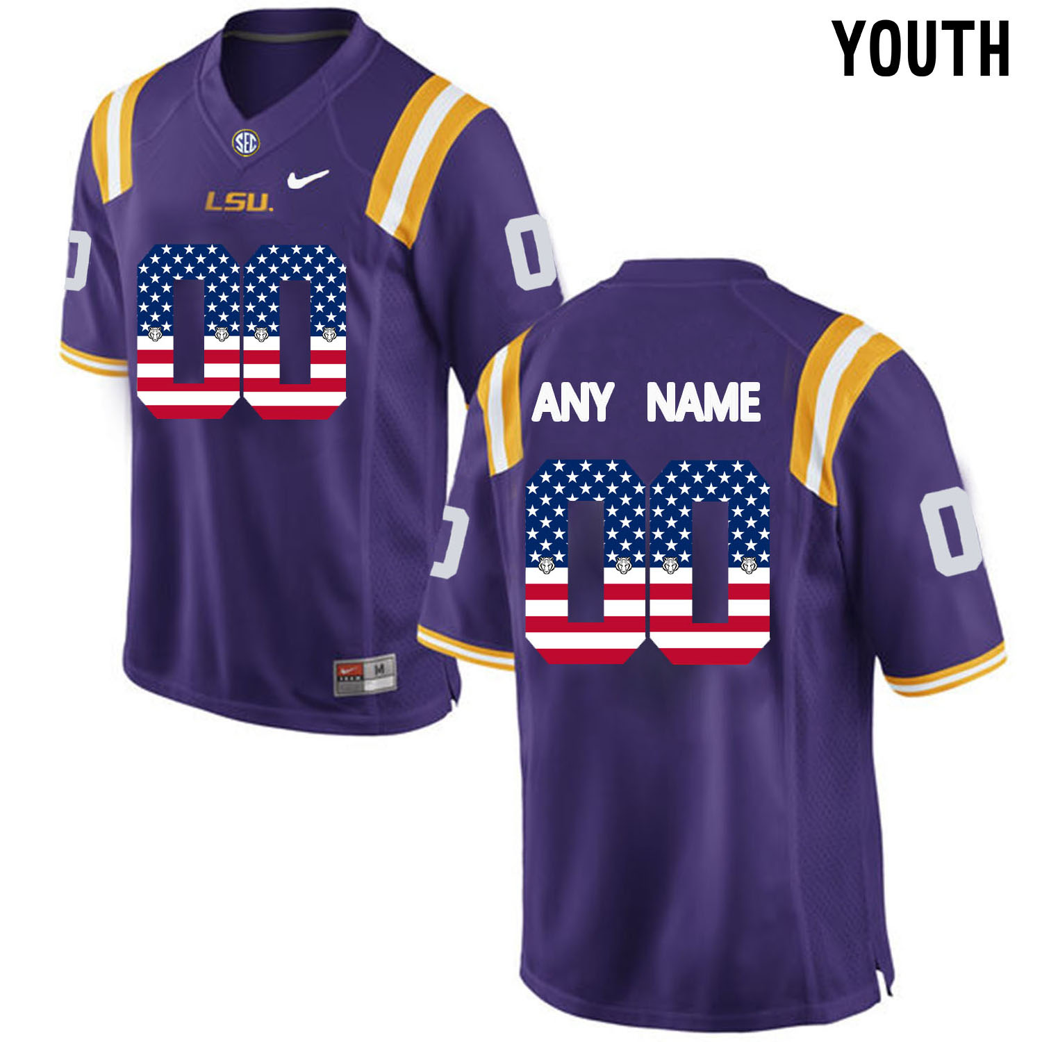 US Flag Fashion Youth LSU Tigers Customized College Football Limited Jersey Purple
